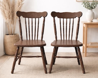 Pair Vintage Wooden Spindle Back Chairs | Farmhouse Windsor Style
