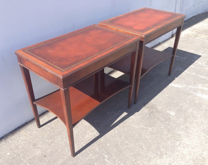 Antique Mahogany Leather Top Side Tables Nightstand French Provincial