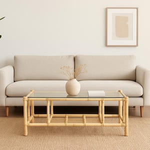 Vintage Rattan Coffee Table with Glass Top, Bohemian Coastal Decor image 1