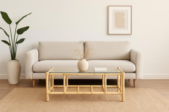 Vintage Rattan Coffee Table with Glass Top, Bohemian Coastal Decor