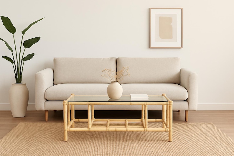 Vintage Rattan Coffee Table with Glass Top, Bohemian Coastal Decor image 1