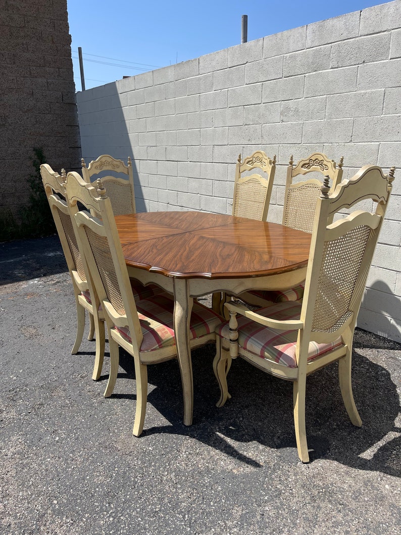 7pc Vintage French Provincial Dining Set Table and Chairs Kitchen Formal Furniture Wood Cane Country Traditional CUSTOM PAINT Avail image 6