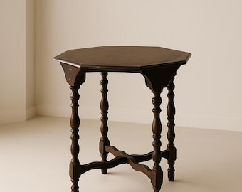 Vintage Octagonal Side Table with Turned Spindle Legs and Cross Stretcher