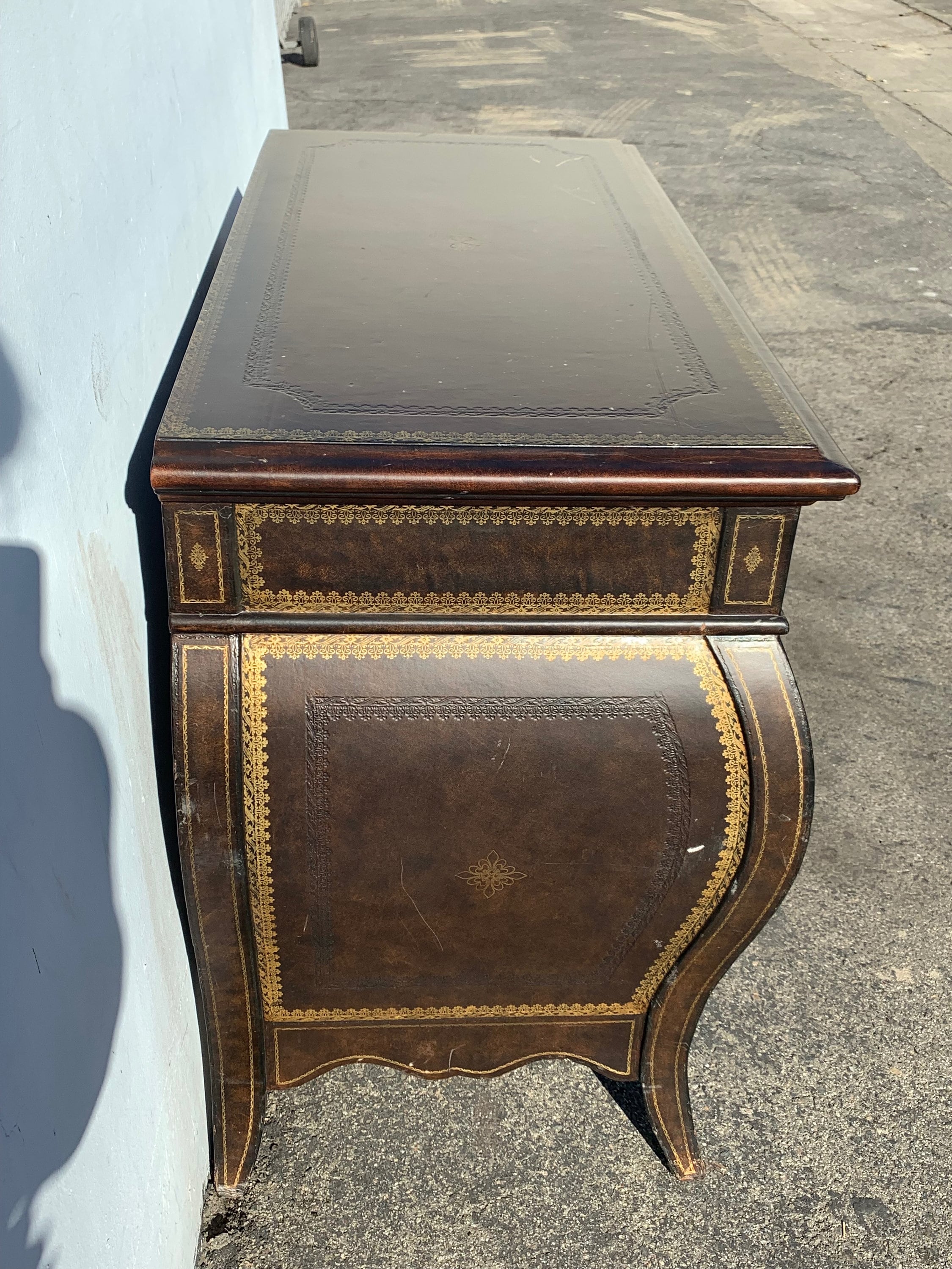Antique Italian Leather Dresser Bombe Chest Nightstand Table