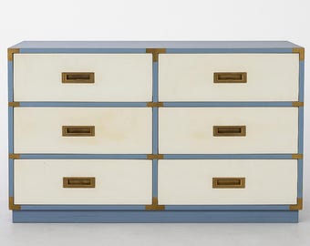 Vintage Campaign Dresser Brass 6 Drawer Chest Mid-Century Modern Coastal Minimalist Buffet Media Console Chest of Drawers CUSTOM PAINT Avail