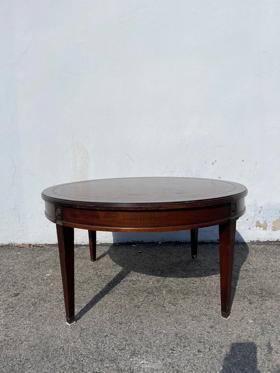 Traditional Wood Coffee Table Tooled Leather Top Round Circle