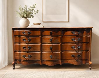 Vintage French Provincial Triple Dresser | 12 Drawer Serpentine As Is - CUSTOM PAINT AVAILABLE