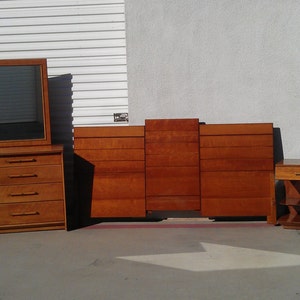 5PC Mid CenturyModern Bedroom Set by Renzo Rutili for Johnson Furniture Dresser Mirror Nightstands Headboard Vintage Storage Art Deco Design