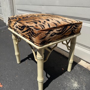 Vintage Faux Bamboo Vanity Stool with Tiger Print Cushion image 4