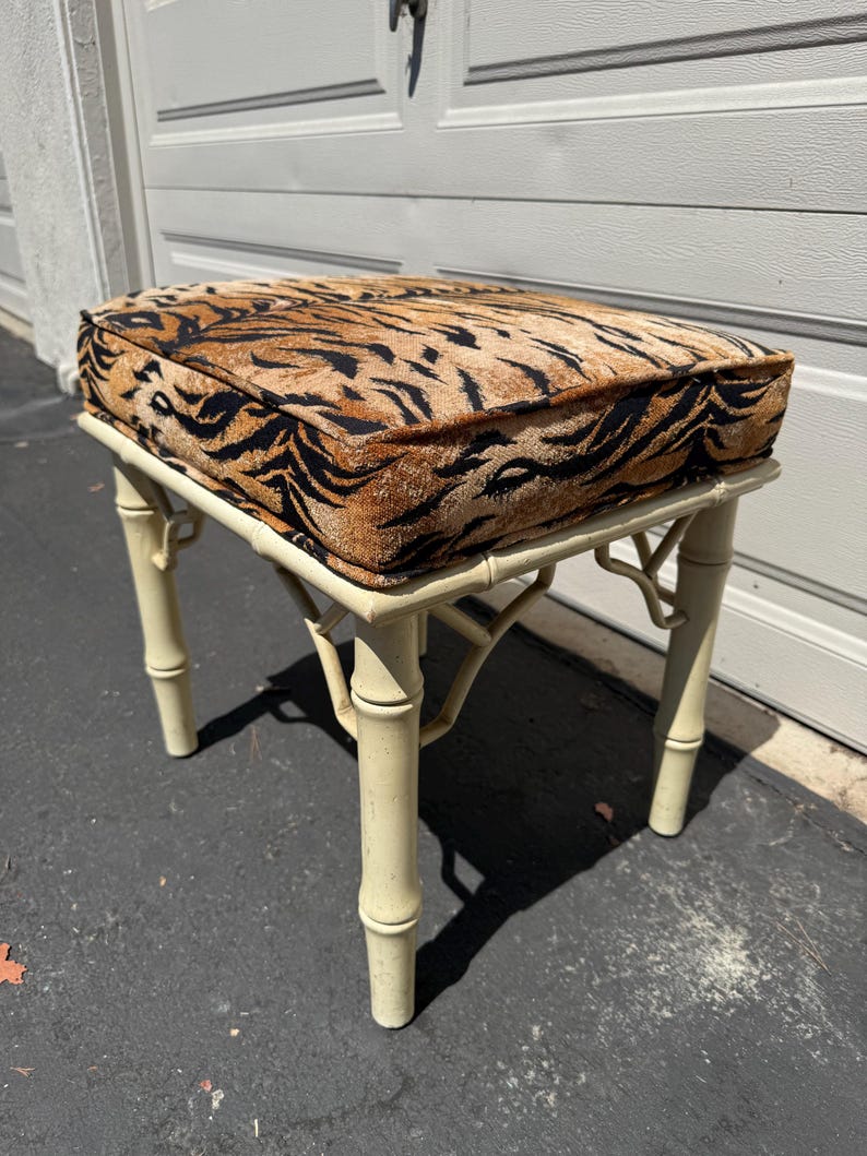Vintage Faux Bamboo Vanity Stool with Tiger Print Cushion image 4