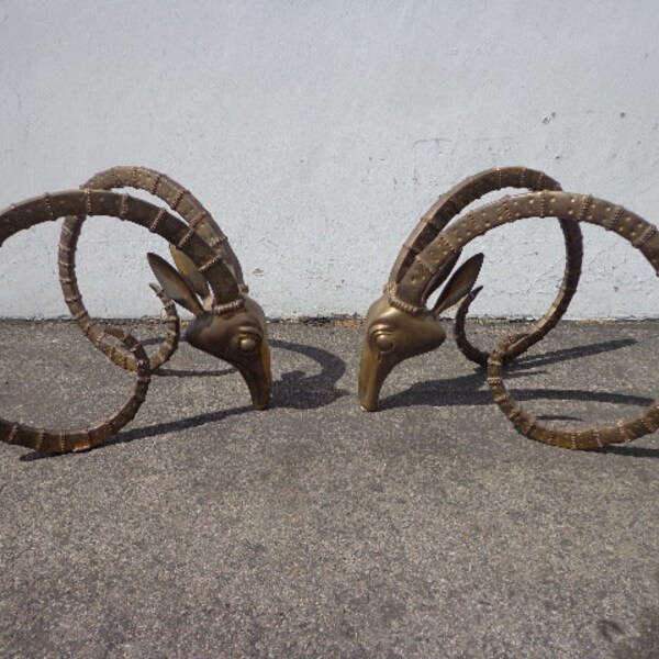 Vintage Mid 20th Century Ibex Rams Head Brass Coffee Table Bases Antique Alain Chervet Style Hollywood Regency Mid Century Furniture