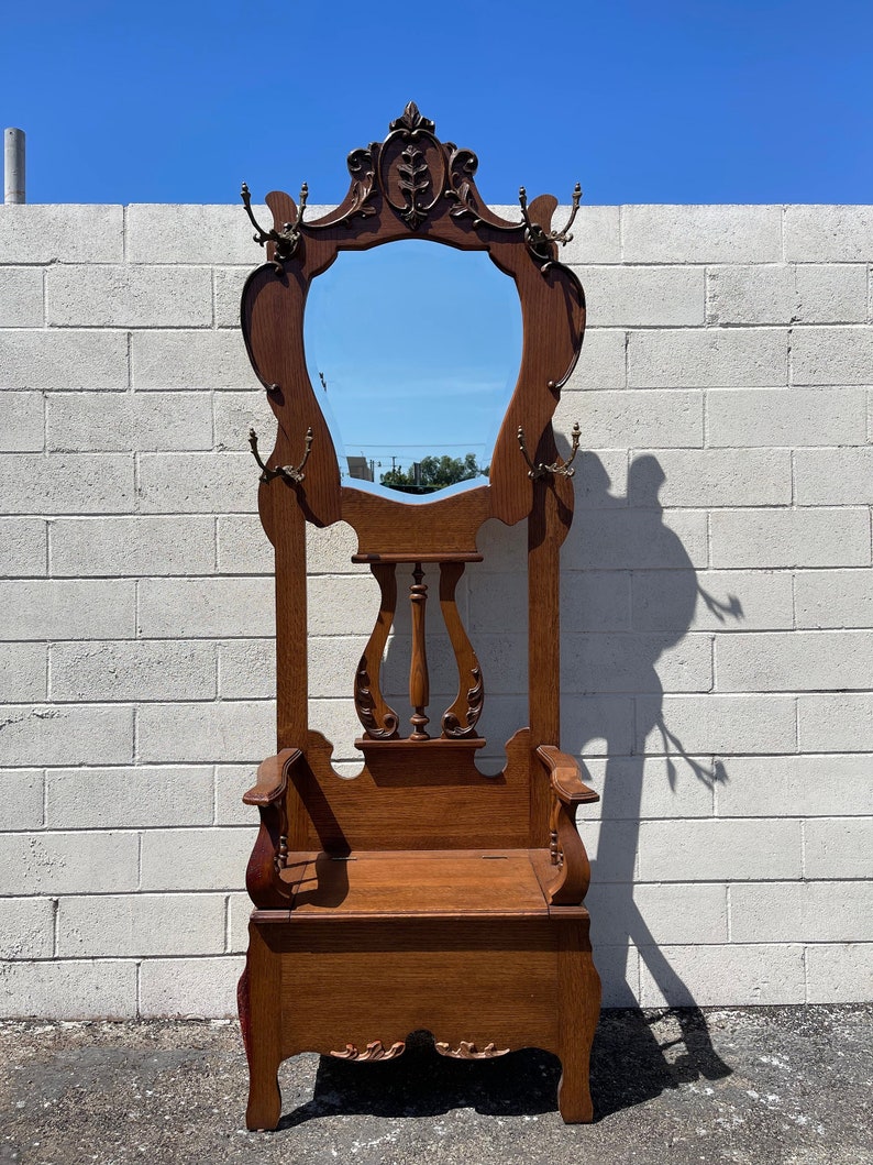Antique Hall Tree Coat Rack Mirror Garment Rack Closet Entry Etsy