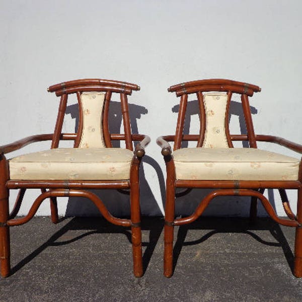 2 Chairs Pair of Armchair Asian Ming Chinoiserie Rattan Bamboo Vintage Mid Century Modern Bohemian Boho Beach Bentwood Furniture Seating
