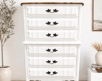 Vintage French Provincial Tall Dresser Chest – Serpentine Front, Painted White, 6 Drawer Chest on Chest - CUSTOM PAINT AVAILABLE