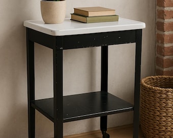 Vintage Industrial Metal Utility Cart with White Enamel Top on Casters