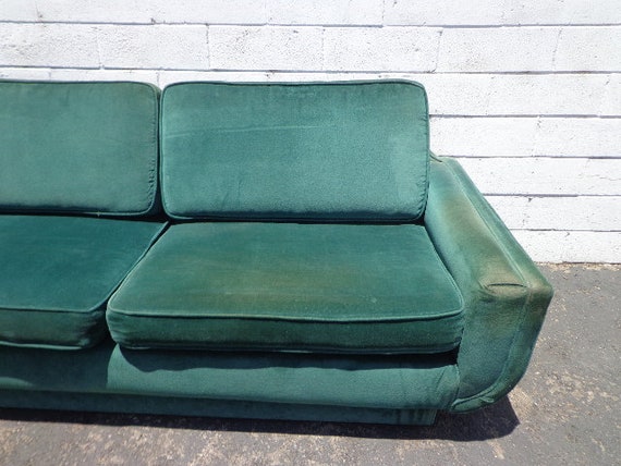 Sofa Couch Green Velvet Vintage Hollywood Regency Loveseat Lounge Seating Settee Brass Tacks Trim Nailhead Emerald Mid Century Modern Glam