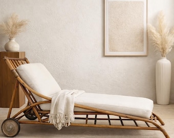Antique Rattan Chaise Lounge with Wheels |  Boho Coastal Sunroom Daybed - NO CUSHION