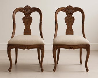 Pair of Antique Carved Walnut Side Chairs with Upholstered Seats Vintage French Rococo Dining Chairs Elegant Accent Seating