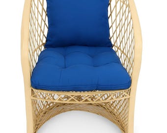 Vintage Wicker Barrel Chair with Blue Cushions – Coastal Boho Accent Chair, Mid-Century Spun Fiberglass Lounge Chair