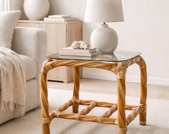 Vintage Twisted Rattan Side Table with Glass Top | Coastal Boho Wicker End Table