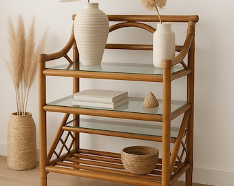 Vintage Rattan & Glass Étagère Shelf | Boho Coastal Cart Console