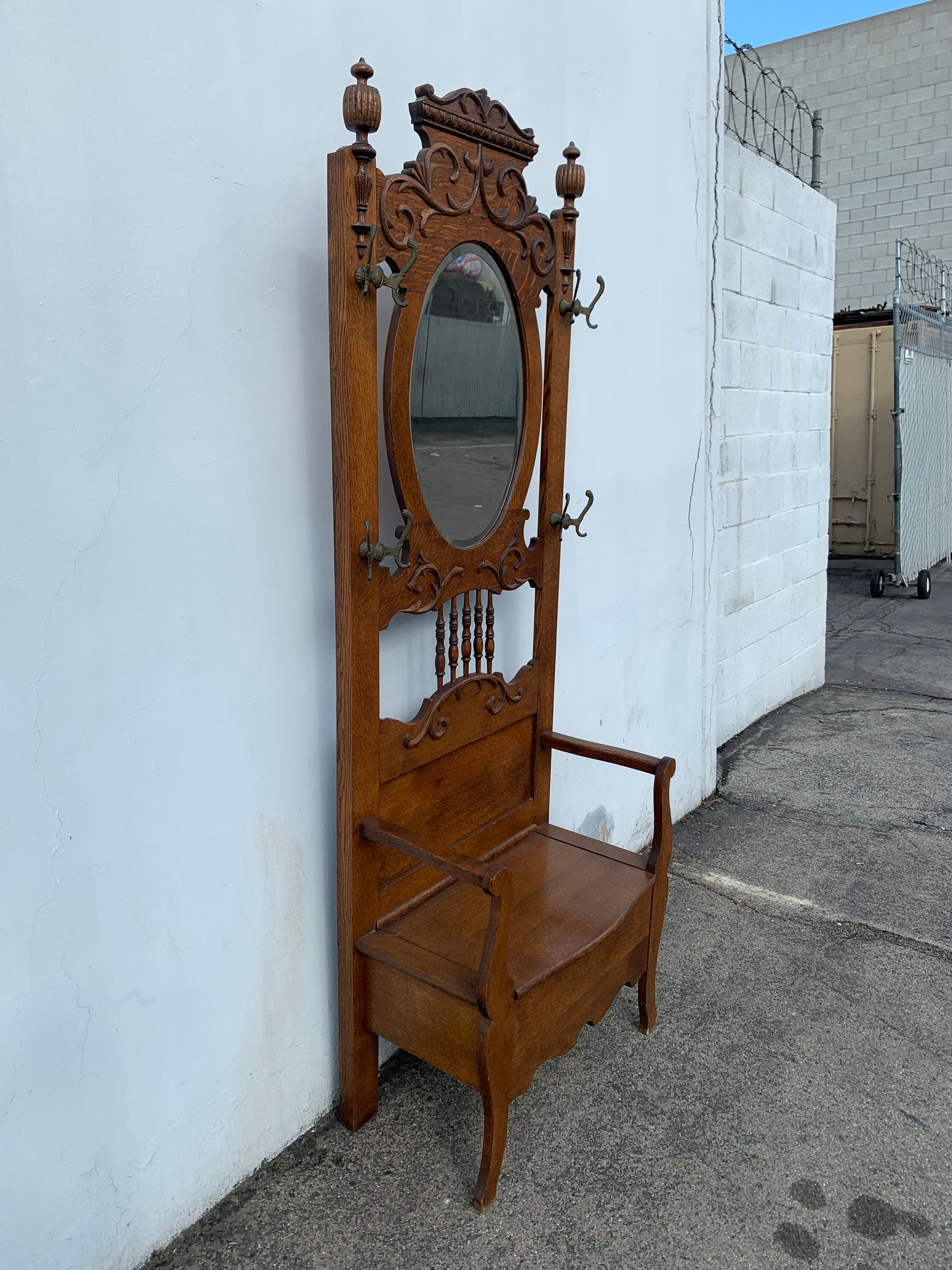Antique Hall Tree Coat Rack Mirror Garment Rack Closet Entry Way Furniture Hanger Storage French