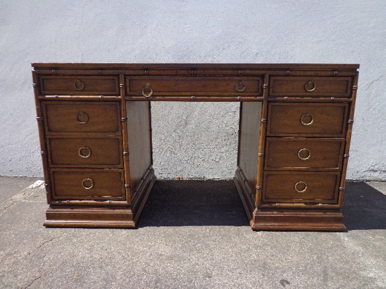 Desk Sligh Lowry Leather Top Vintage Executive Bamboo Mid Etsy