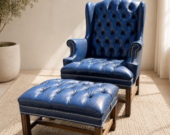 Vintage Blue Leather Wingback Chair & Ottoman | Tufted Leather Chair and Ottoman
