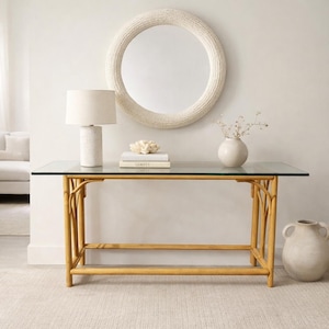 Vintage Rattan Console Table with Thick Glass Top | Coastal Boho Bamboo Entry Table