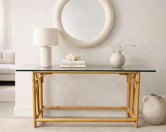 Vintage Rattan Console Table with Thick Glass Top | Coastal Boho Bamboo Entry Table