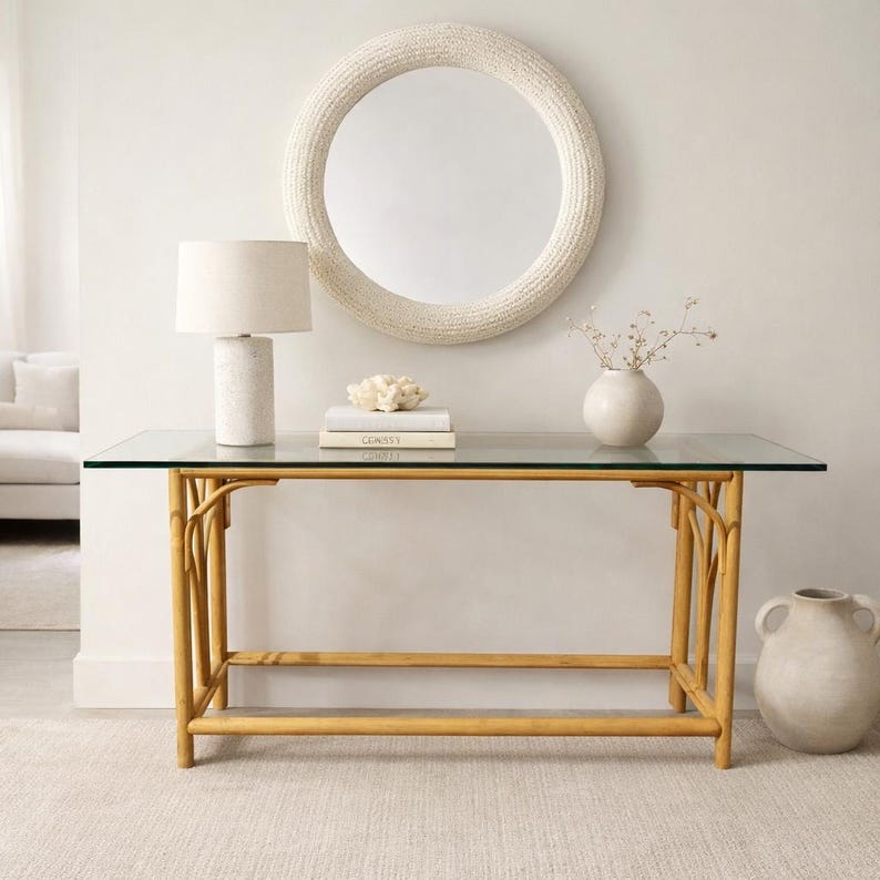 Vintage Rattan Console Table With Thick Glass Top | Coastal Boho Bamboo ...