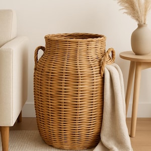 Vintage Woven Wicker Floor Vase - Tall Boho Planter, 28"