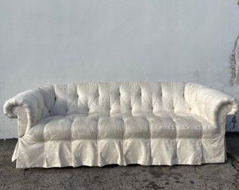 Vintage Tufted Fabric Chesterfield Sofa Couch Loveseat Lounge Seating Settee Rolled Arm Upholstered Elegant Formal Living Hollywood Regency
