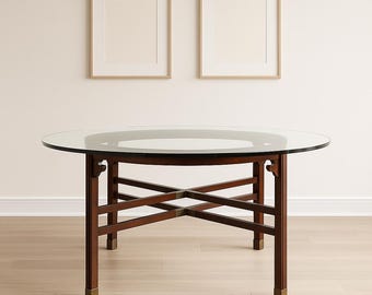 Vintage Henredon Round Dining Table Glass Top — Mahogany Base with Brass Accents CUSTOM PAINT AVAILABLE