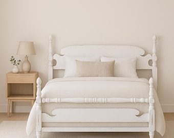 Vintage Spindle Wood Headboard and Footboard No Rails French Country Full Size Bedroom Furniture Shabby Chic White Hollywood Regency Glam