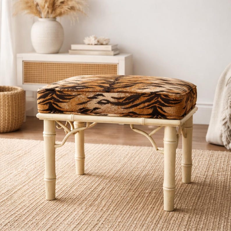Vintage Faux Bamboo Vanity Stool with Tiger Print Cushion image 1