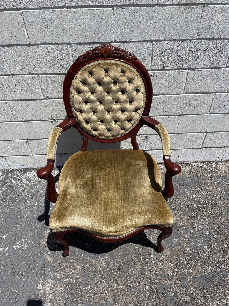 Antique Victorian Armchair Chair French Provincial Boudoir Vanity Seating Bedroom Glam Shabby Chic Carved Wood Fabric Regency Bench Seat image 2