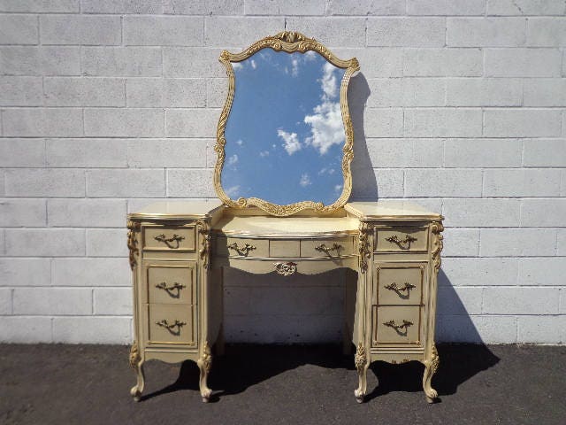 2pc Vanity Desk Antique Shabby Chic Desk Mirror Table Storage