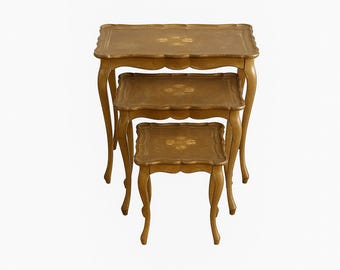 Nesting Tables Venetian Florentine Neoclassical Italian Gold Gilt Accent Side End Wood Rococo Baroque Shabby Chic Vintage Nightstand Antique