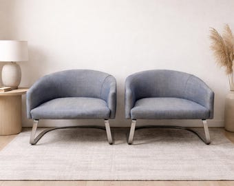 Pair of Vintage Modern Upholstered Lounge Chairs | Curved Barrel Club Chairs | Chrome Cantilever Base