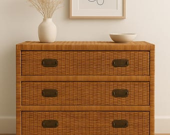 Vintage Boho Wicker Dresser Bachelor Chest Bedisde Table Bedroom Storage Beach Accents Beachy Wicker Chinoiserie Boho Bohemian Eclectic