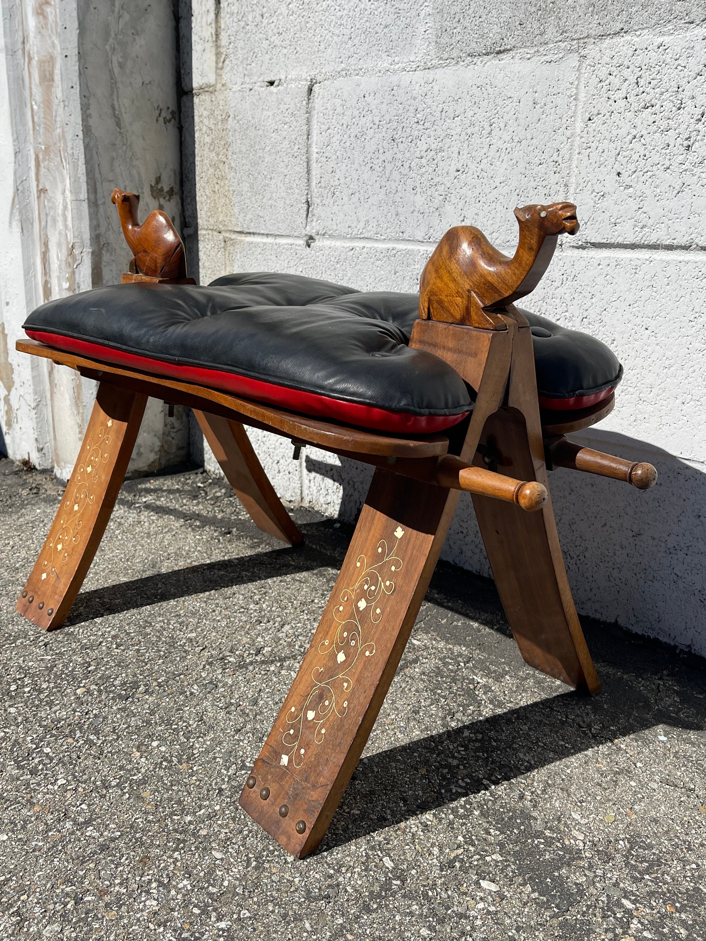 Antique Camel Saddle Stool Ottoman MCM Rustic Mid Century Modern Seating  Wood Leather MCM Chair Primitive Hassock Footstool Bed Bench Boho