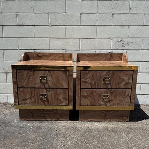 Pair of Post Modern Nightstands Burlwood Veneer Gold Trim Bedside Tables Bedroom Storage Set End Tables 1980s Milo Baughman Style