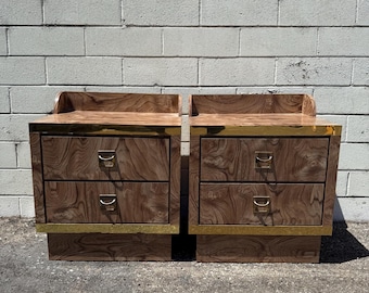 Pair of Post Modern Nightstands Burlwood Veneer Gold Trim Bedside Tables Bedroom Storage Set End Tables 1980s Milo Baughman Style