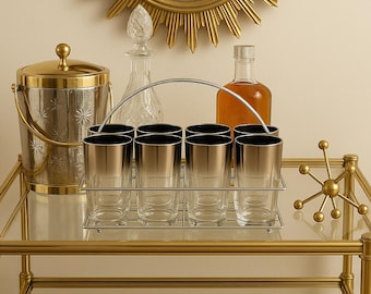 Vintage 1960s Silver Fade Highball Glass Set with Chrome Caddy — Mid-Century Modern Barware