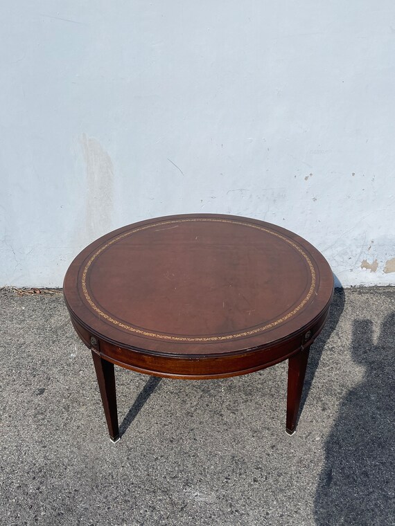 Traditional Wood Coffee Table Tooled Leather Top Round Circle