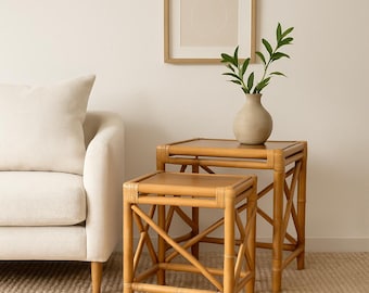 Set of Nesting Tables Bohemian Boho Chic Faux Bamboo Rattan Chinoiserie Accent Table Coffee Chinese Chippendale Asian Mid Century Beach