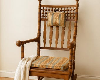 Antique Turned Spindle Rocking Chair with Upholstered Cushions
