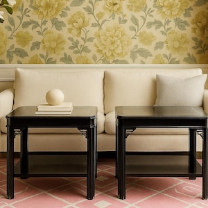 Pair of Vintage Black Lacquer Glass-Top Side Tables with Fretwork CUSTOM PAINT AVAILABLE