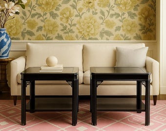 Pair of Vintage Black Lacquer Glass-Top Side Tables with Fretwork CUSTOM PAINT AVAILABLE